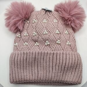 Pink/Lavender Knit Beanie with Pom Poms and Pearls